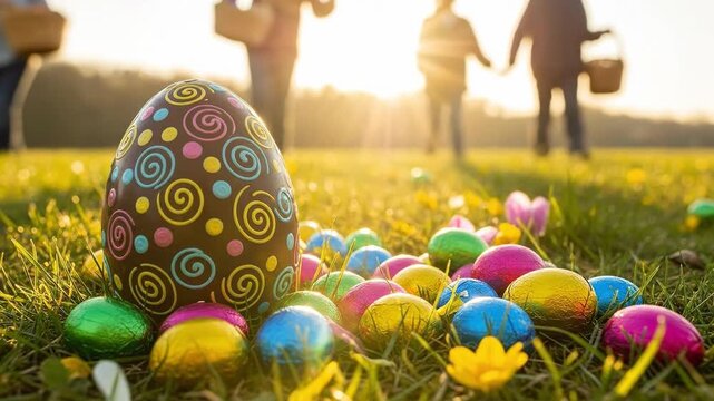 Family Easter Egg Hunt in Park with Chocolate Eggs and Children