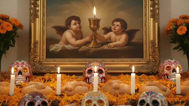 Traditional Mexican ofrenda with sugar skulls and burning candles arranged on a marigold flower bed. Day of the Dead celebration altar. Authentic ritual and remembrance concept footage.