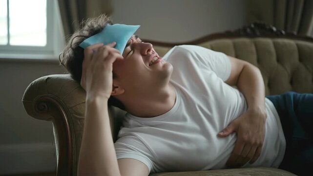 Young man lying on a vintage sofa holding his stomach and an ice pack on his forehead. Sick male suffering from fever and abdominal pain at home. Healthcare and medical illness concept footage.