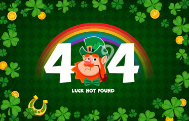 Fototapeta premium 404 page not found with Happy St Patrick's day holiday leprechaun, shamrock clover and golden coins, vector background. 404 page not found or webpage error with funny leprechaun, rainbow and horseshoe