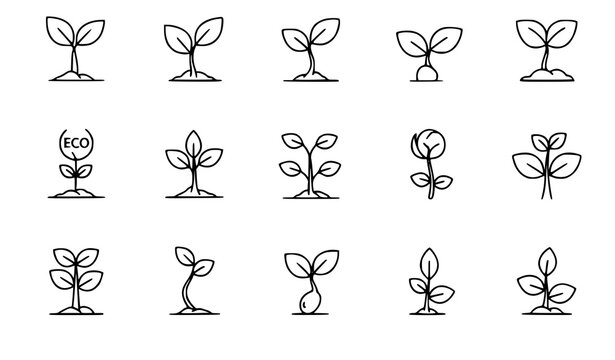 Sprout Thin Line Icon Set &ndash; Minimal Eco Growth Outline Symbols