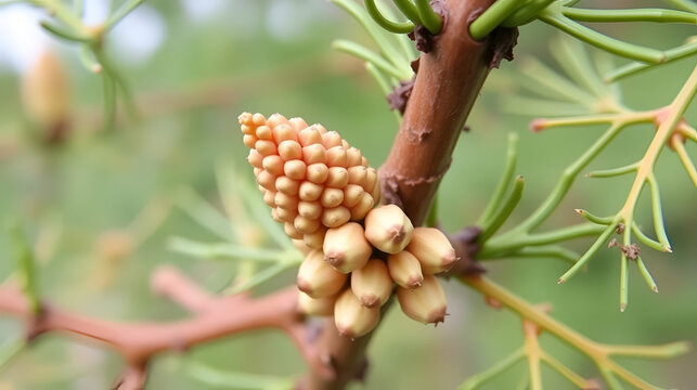 Larch strobili: young ovulate cones on a larch branch.