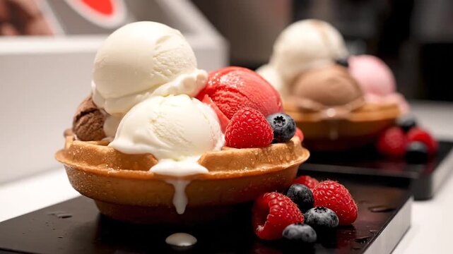 Mouthwatering Waffles Topped with Creamy Vanilla, Strawberry, and Chocolate Ice Cream, Garnished with Juicy Raspberries and Blueberries
