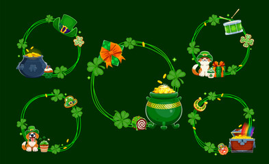 Obraz premium Happy St Patrick's day holiday festive frames and borders. Vector set of green circular wreaths made of shamrock clover, gold coins, Irish cartoon leprechaun cat and dog characters and pot of gold