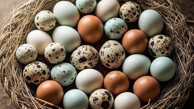Assorted Heirloom Bird Eggs in Straw Nest, Sustainable Organic Farming Concept