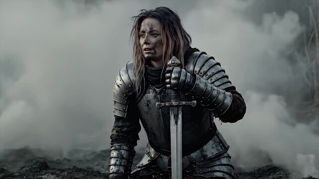 Exhausted Medieval Warrior Woman Resting with Sword in Fog
