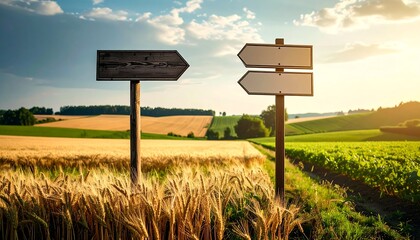 A vibrant shot showing direction signposts standing amidst a vast wheat field with rolling hills under a radiant sunset sky