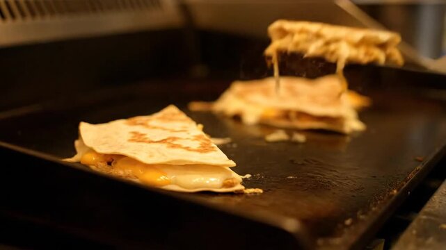 Delicious cheese quesadillas sizzling on a hot griddle, expertly cooked with golden tortillas and gooey melted cheese stretching, a tempting culinary preparation process