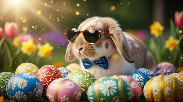 Cool hipster rabbit wearing sunglasses and bowtie with colorful Easter eggs in sunny garden