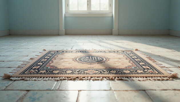 Prayer mat with tasbeeh on pastel floor, soft window light.