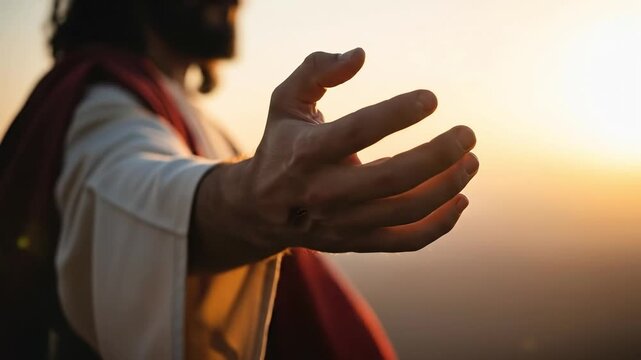 Jesus Christ reaching out hand with crucifixion scar at sunset, religious salvation