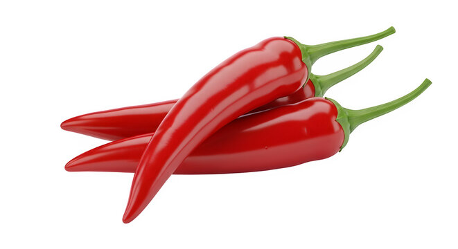 Fresh red chili peppers cutout pair with green stems isolated on transparent background
