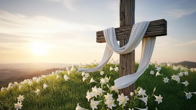 Wooden Cross with White Shroud and Easter Lilies on a Grassy Hill at Sunrise for Resurrection Sunday