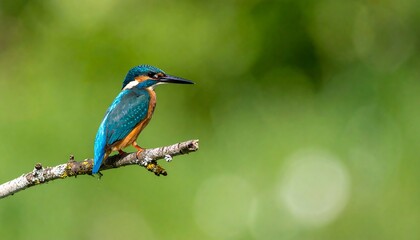 Fototapeta premium A vibrant small bird with turquoise and orange plumage perched serenely on a branch against a blurred green backdrop. The bird surveys its surroundings