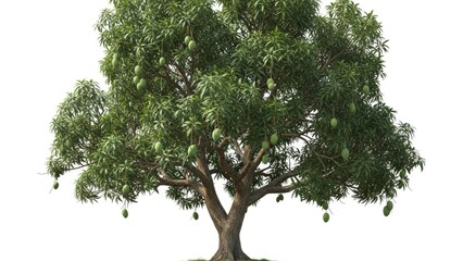 Fototapeta premium Lush mango tree with ripe fruit hanging. Perfect for tropical agriculture, fruit harvesting, natural scenery, agribusiness marketing projects.