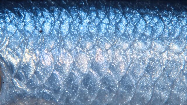 Macro View of a Sardine Fish Scale Texture Showing Iridescent Blue and Silver Shimmers and Detailed Pattern in Natural