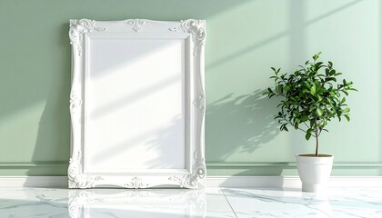 柔らかな陽光が差し込むミントグリーンの壁と、空白の大きなフォトフレーム