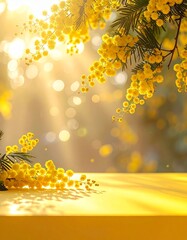 ミモザの影が落ちる黄色いステージ、SNS広告やスマホ壁紙向けの春背景