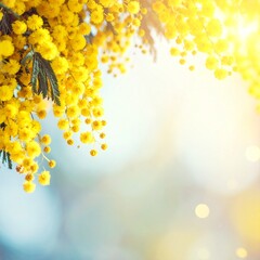 柔らかなボケ味とミモザの黄色が美しい、正方形のミニマルなボタニカル背景