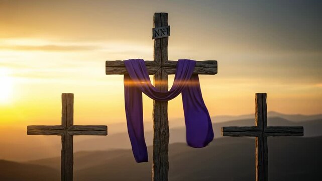 Three wooden crosses on a hill at sunset with purple cloth for Lent and Good Friday
