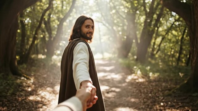 Middle aged man portraying Jesus leading a follower through a forest, Christian discipleship