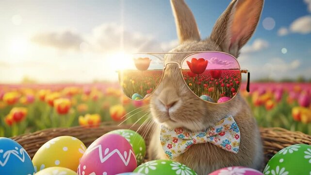 Cool Easter bunny wearing sunglasses and bowtie in a nest with colorful eggs in a tulip field
