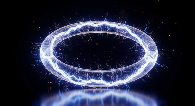 Vibrant lightning crack hoop, glowing neon ring, jagged electric arcs, dynamic sparks and energy, floating on black, cinematic volumetric glow, futuristic digital ring
