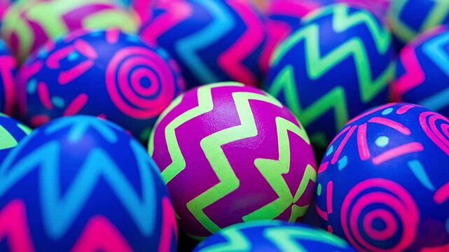 Neon Easter Eggs with Geometric Zigzag Patterns, 80s Retro Synthwave Style Fluorescent Holiday Background