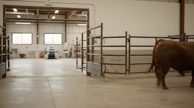 Powerful Brown Bull Walking Through Metal Corral Gate in Agricultural Barn Livestock Facility