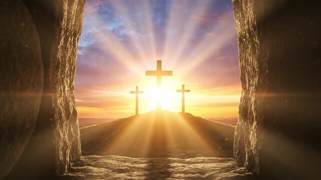 Resurrection of Christ from the empty tomb with three crosses on a hill at dawn