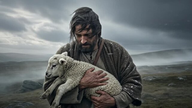 Middle aged bearded man as biblical shepherd carrying a young lamb in a desolate highland field