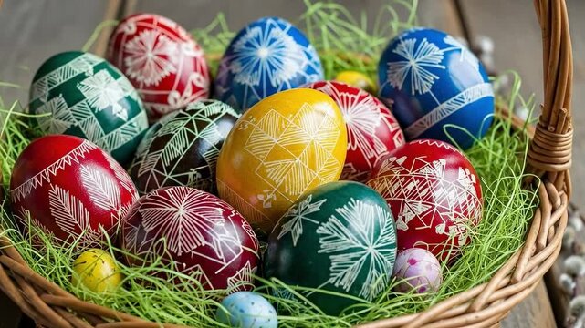 Traditional Slavic Pysanky Easter Eggs with Intricate Folk Art Patterns in Wicker Basket