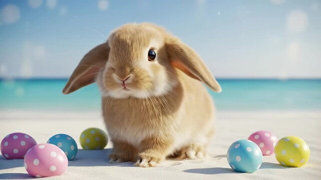 Cute Lop Eared Bunny on Tropical Beach with Polka Dot Easter Eggs