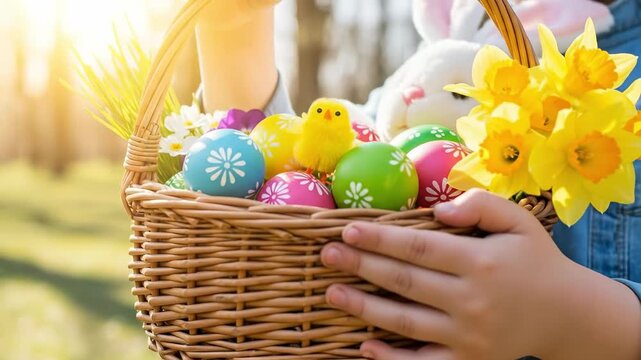 Traditional outdoor Easter egg hunt for young children in a sunny garden