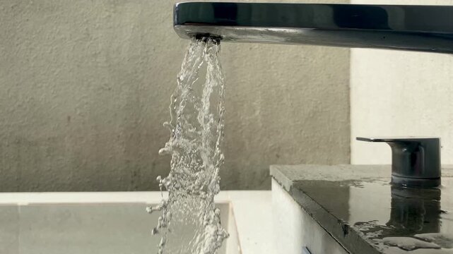shot of a water tap pouring water into a pool. The tap is made of metal with a weathered appearance, and the water is clear.