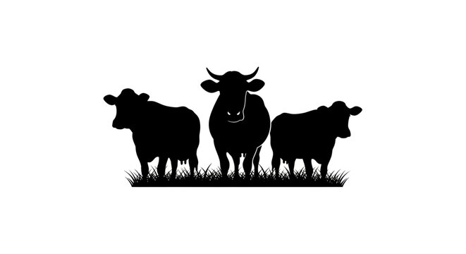 Three black cow silhouettes standing on grass, white background, farm animals