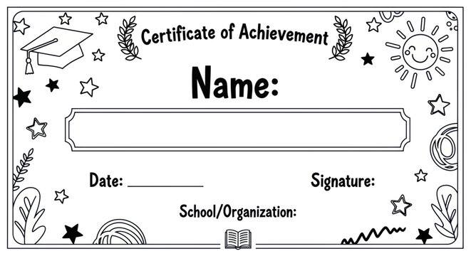 Blank Certificate of Achievement Template with Stars, Graduation Cap, and Sun - Outline