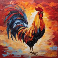 Fototapeta premium Thick impasto oil painting of a colorful rooster crowing at sunrise