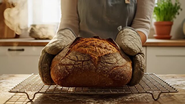 Person in apron holding fresh crusty loaf of bread from oven