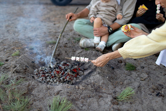 the family cooks marshmallows on the fire