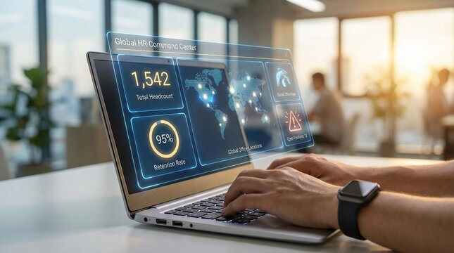 Global hr command center dashboard displaying total headcount retention rate and open positions