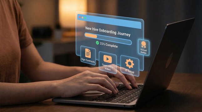 New hire onboarding journey progress bar on futuristic holographic interface with digital hr system and virtual badge