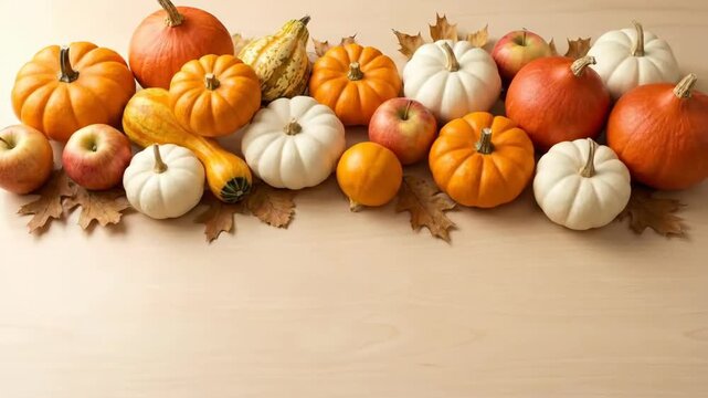 Autumn Harvest Border of Pumpkins and Apples on Wood Table with Copy Space