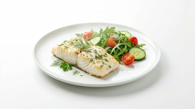 Baked White Fish Fillet with Salad and Herbs on White Plate