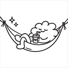 Fototapeta premium Web. vector illustration black and white linear. mascot. cartoon character cloud swings and lies on a hammock swing. resting and drinking a drink.