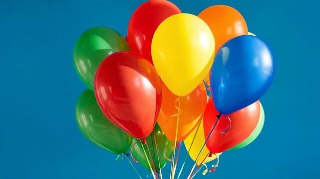 A commercially pristine bunch of colorful balloons positioned on the right side of the frame illuminated by hard sunlight creating a party pop effect