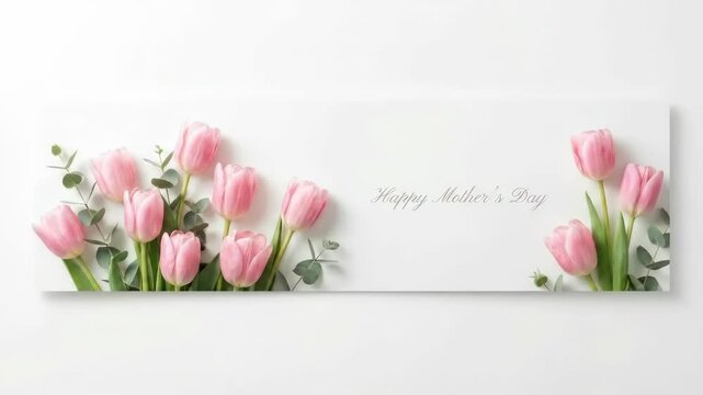Pink Tulips and Eucalyptus Leaves Framing Happy Mothers Day Text on Banner