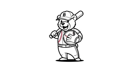 Fototapeta premium Cartoon Bear Baseball Player with Bat and Ball, Mascot, Sports Illustration