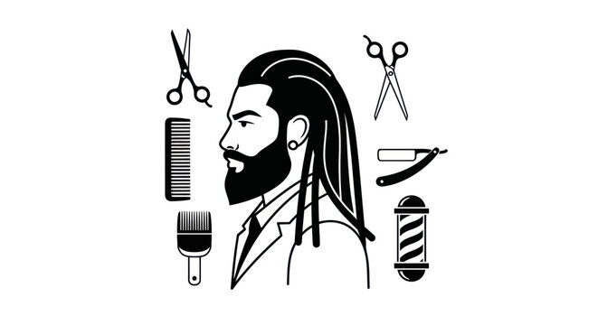 Barber Shop Icons: Man Portrait, Scissors, Comb, Razor, Barber Pole