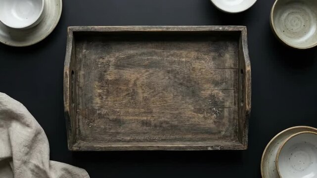 Empty rustic wooden tray on black table with stoneware and linen flat lay. Top down view of weathered serving board texture surrounded by ceramic bowls and napkin